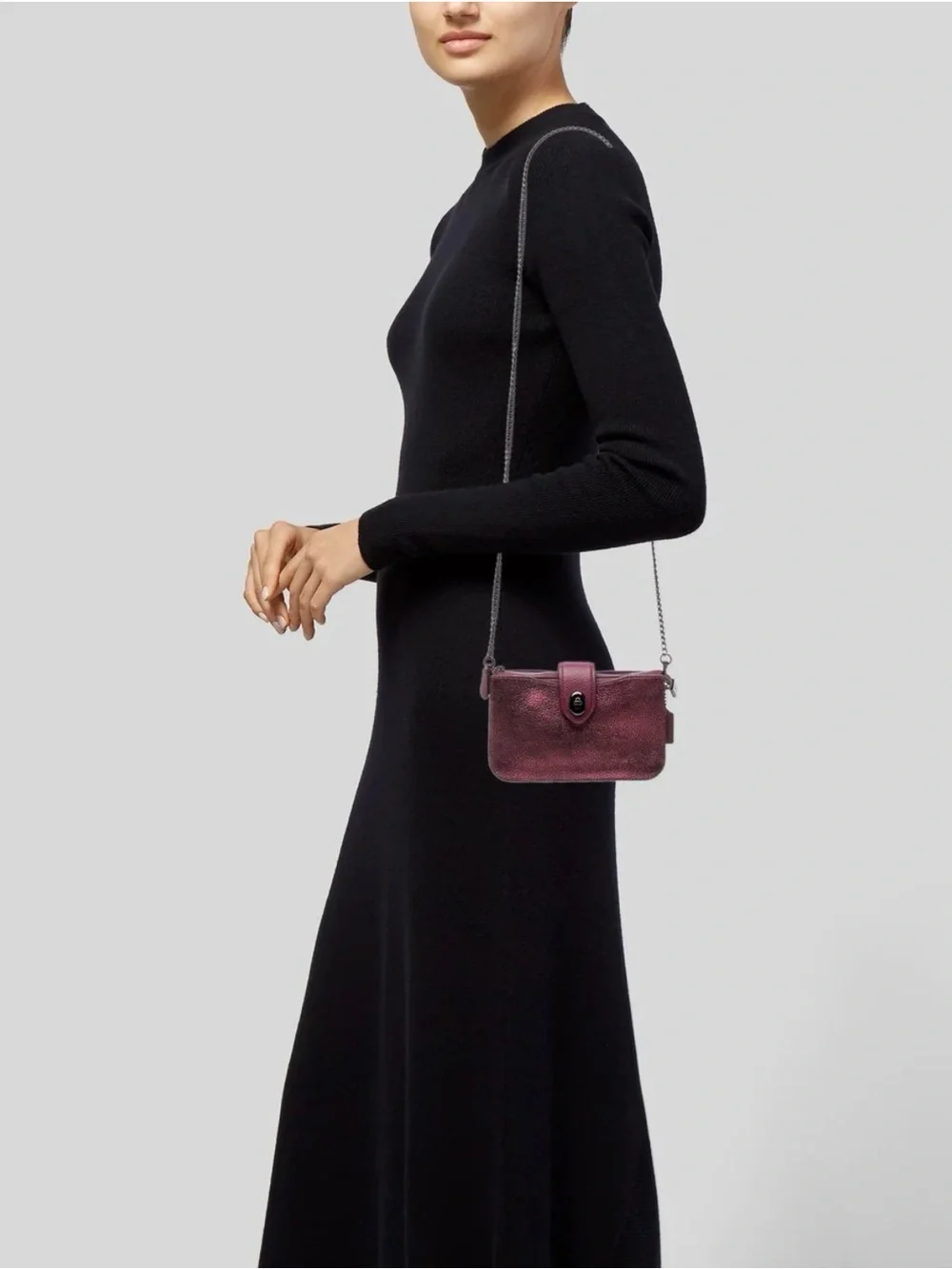 Coach Metallic Leather Turnlock Crossbody Berry Gunmetal Strap clutch wallet